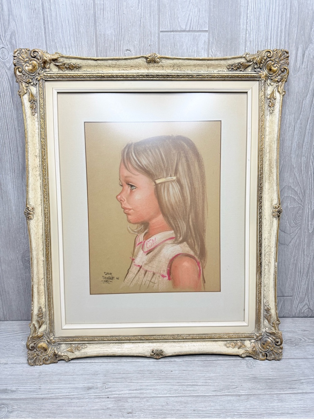 Original vintage hand painted personal portrait wall art girl retro 60s signed